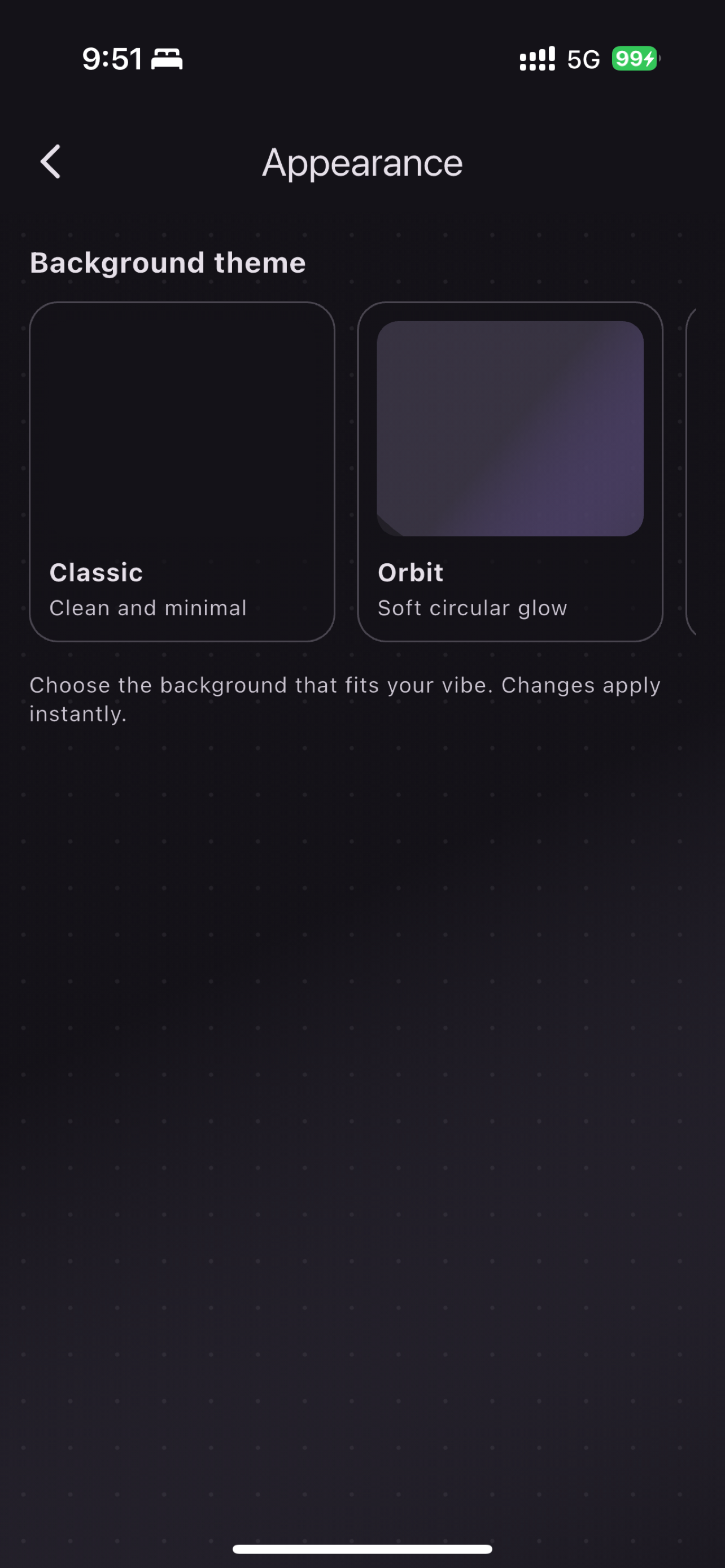 Appearance screen in OwletVPN