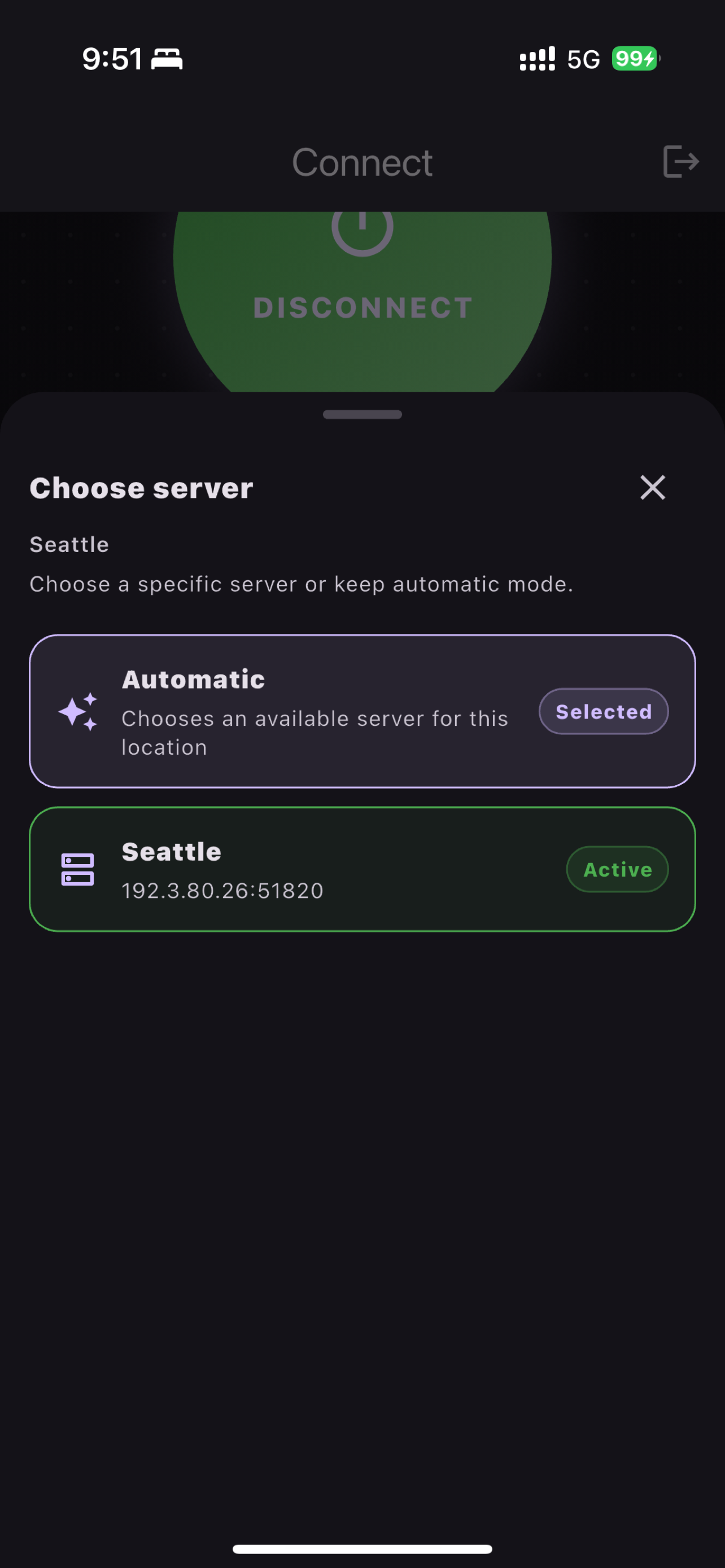 Servers screen in OwletVPN