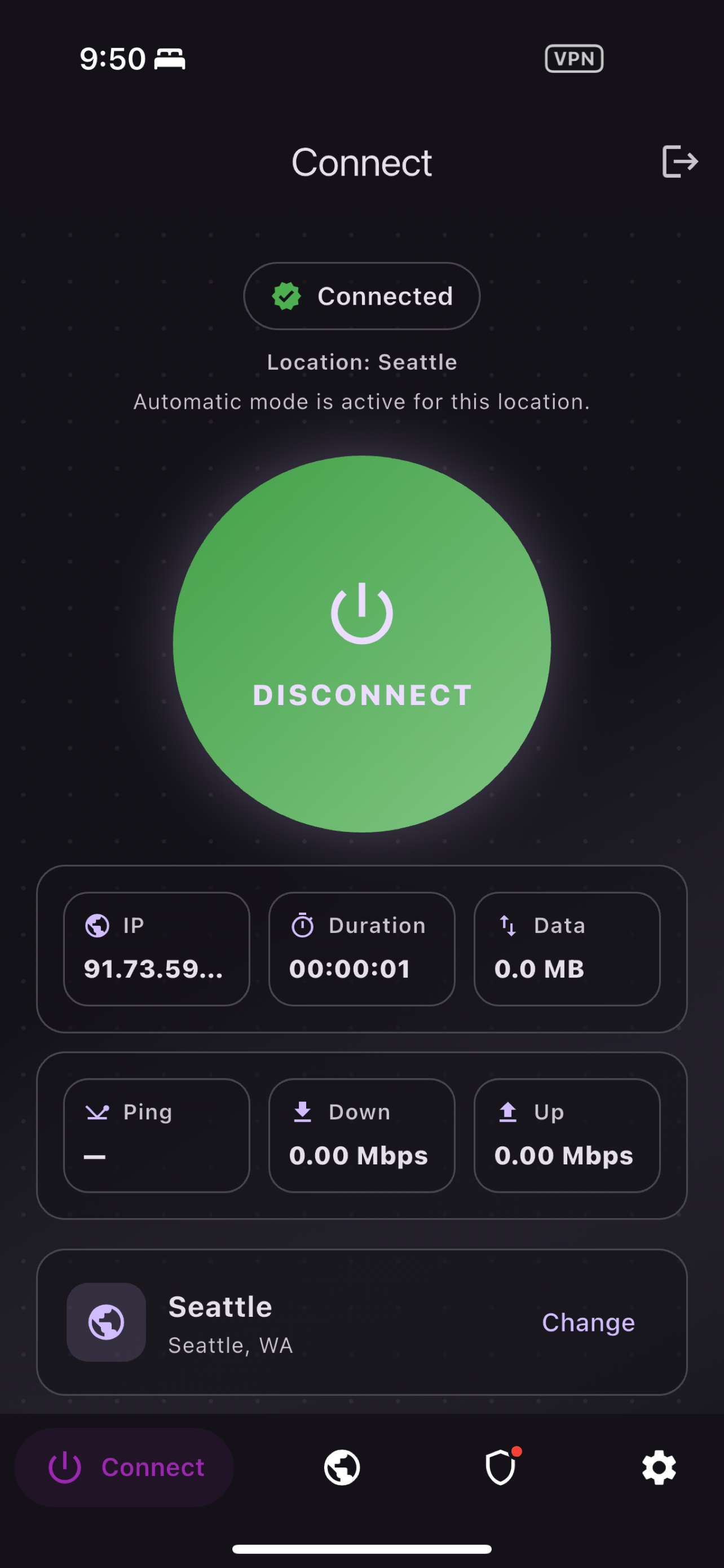 Connected screen in OwletVPN