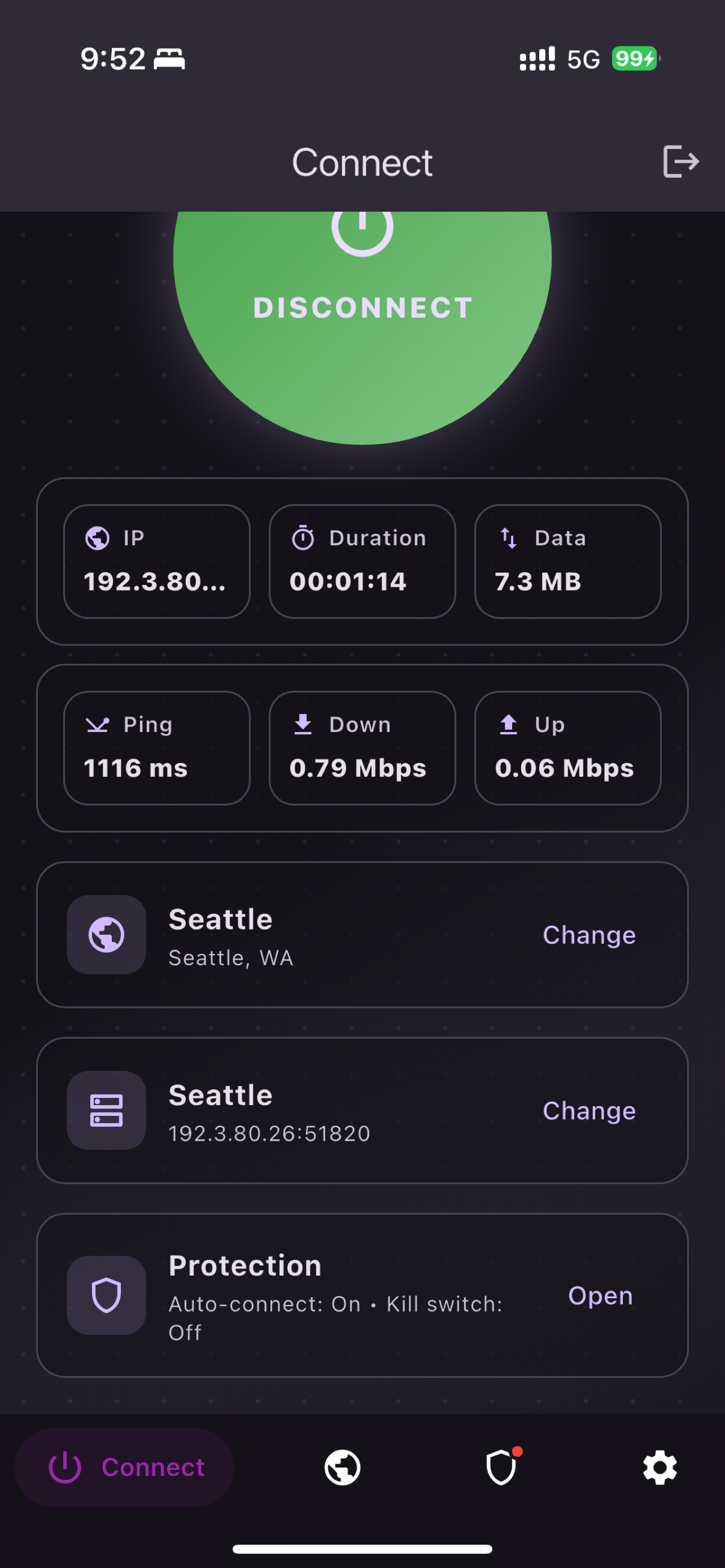 OwletVPN connected session screen